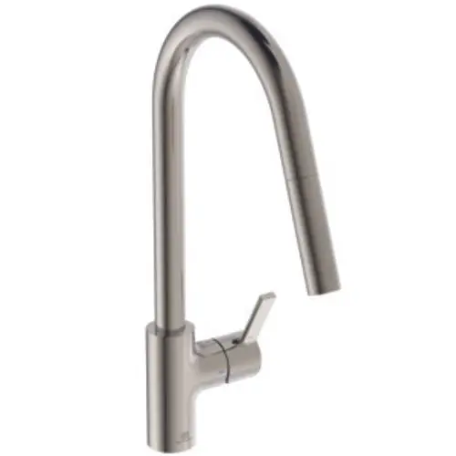 Küchenarmatur in Silber aus Edelstahl von Ideal Standard mit hohem, geschwungenem Auslauf und einem Hebel zur Steuerung von Wasserfluss und Temperatur.